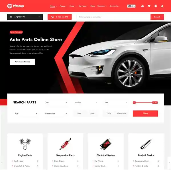 Mẫu giao diện website Phụ tùng Ô tô Pitstop hiện đại hình nền